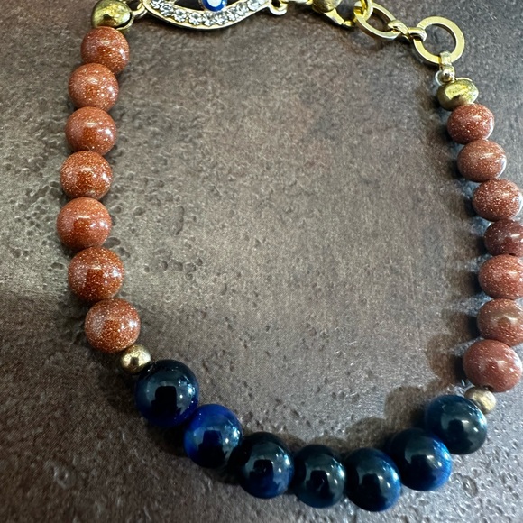 Handmade Blue Tiger Eye and Gold Sandstones Bracelet - Picture 5 of 5